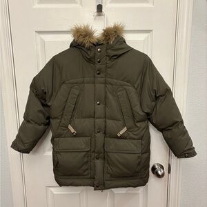 Olive Green Puffer Jacket with Faux Fur Hood